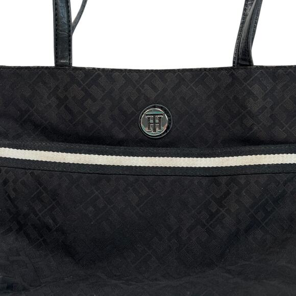 Tommy Hilfiger Tote Black Fabric Bag Allover Monogram Pockets Preppy Shopper - Picture 3 of 15